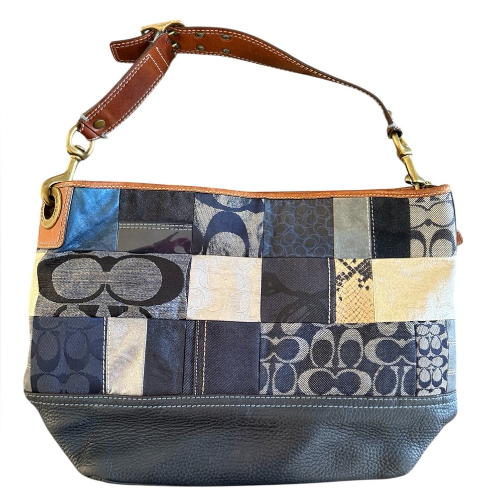 Coach Patchwork Signature Canvas and Leather Shoulder Bag - Navy/Tan